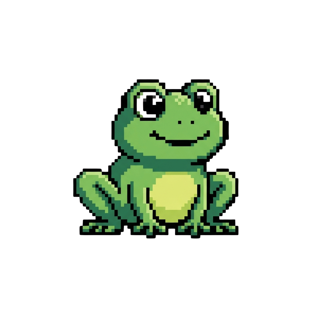 A pixelated green frog sitting with a smiling face and large eyes