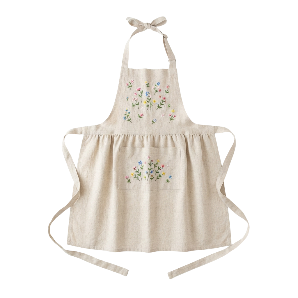 Light beige apron with colorful floral embroidery on chest and pocket area
