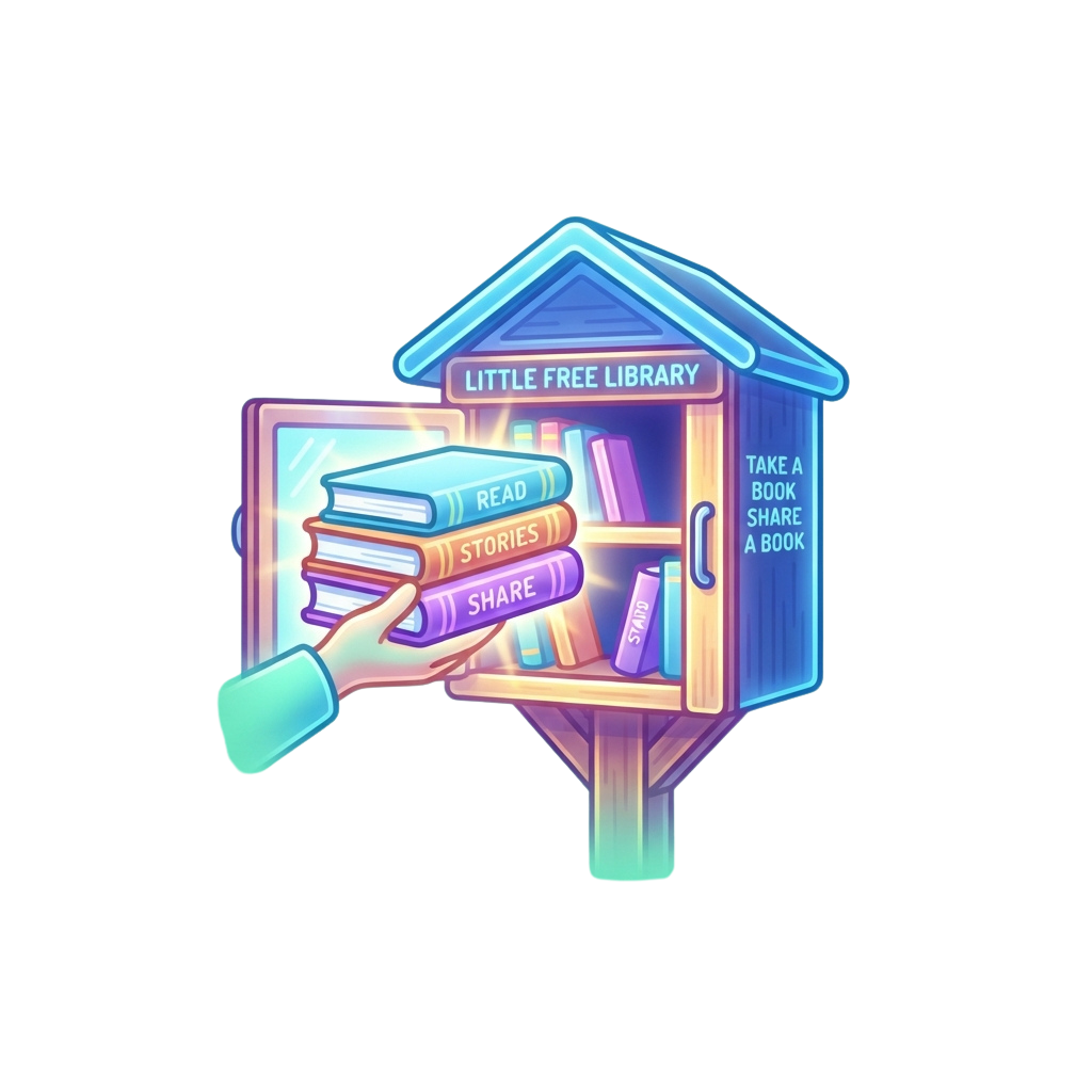 Illustration of a glowing Little Free Library with a hand taking a book and placing one back, labeled Read Stories Share