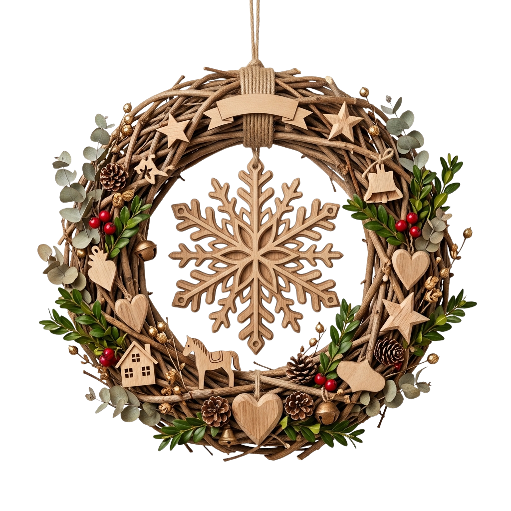 A rustic wooden wreath adorned with wooden snowflakes, stars, pine cones, and greenery for holiday decoration