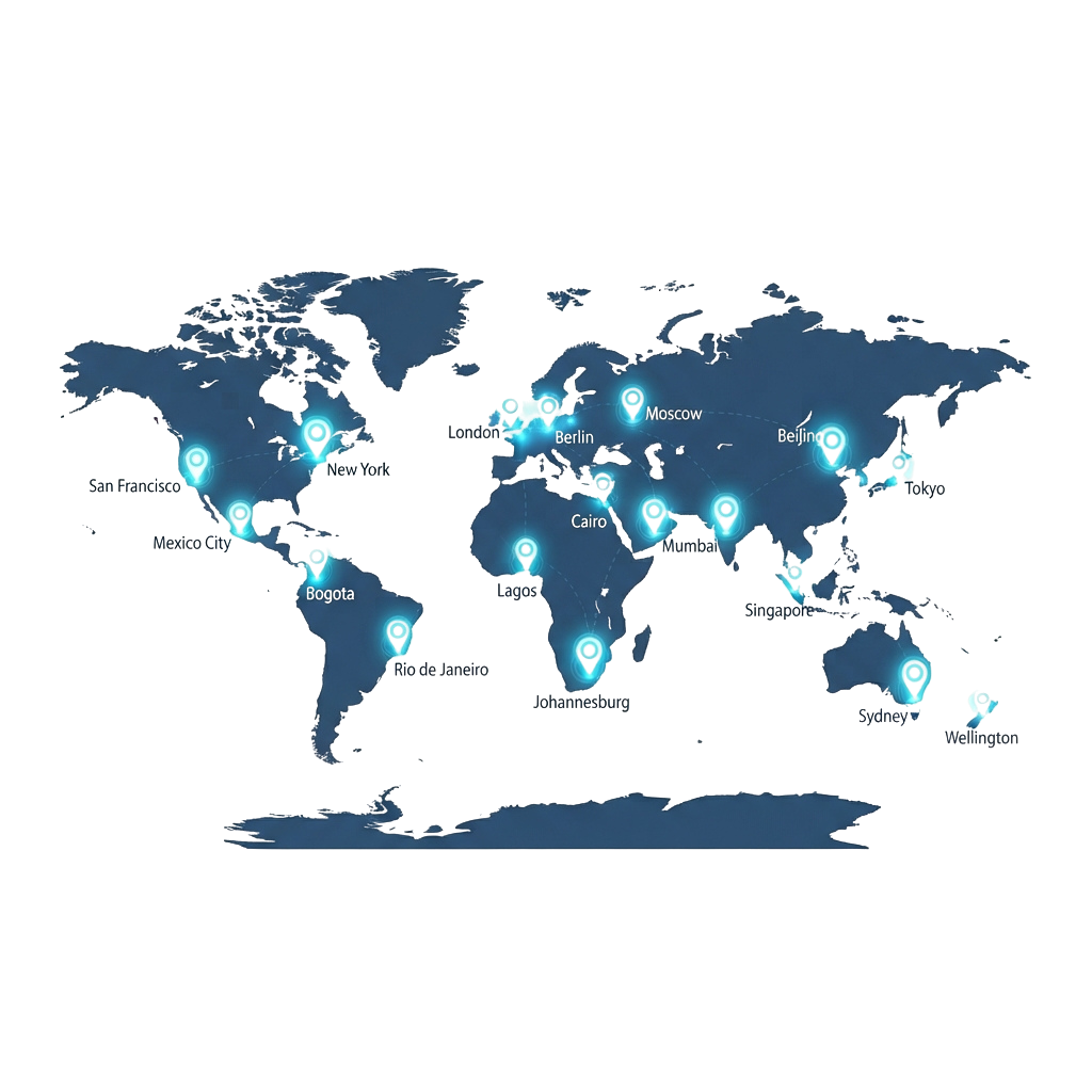 World map highlighting multiple city locations with glowing markers
