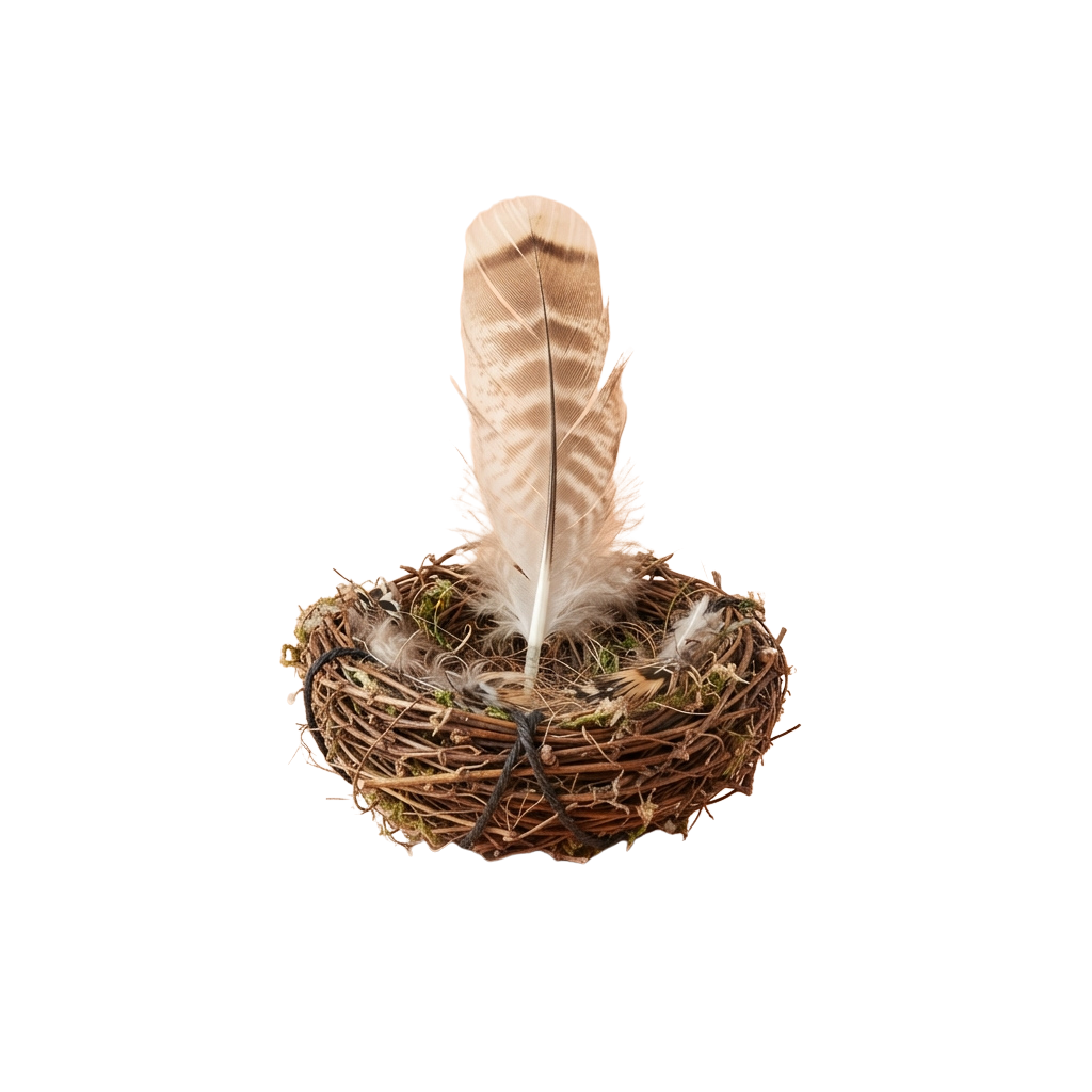 A single feather standing upright inside a woven bird nest.