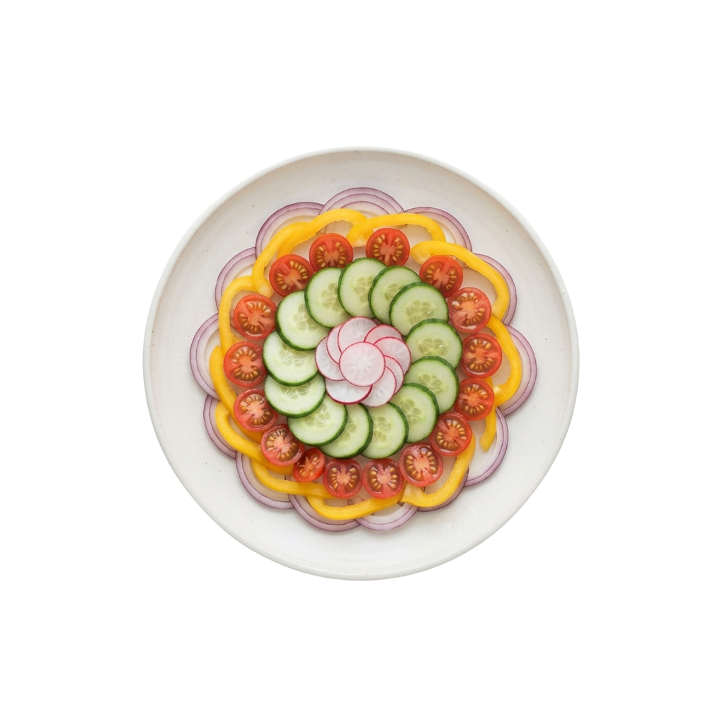 A white plate with sliced cucumbers, tomatoes, radishes, and bell peppers arranged in a circular pattern