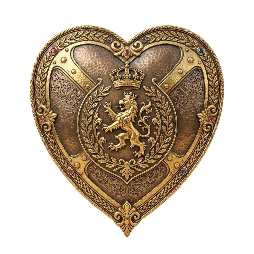 Heart-shaped brooch featuring intricate gold detailing and a lion crest in the center, surrounded by ornate patterns and a crown at the top.