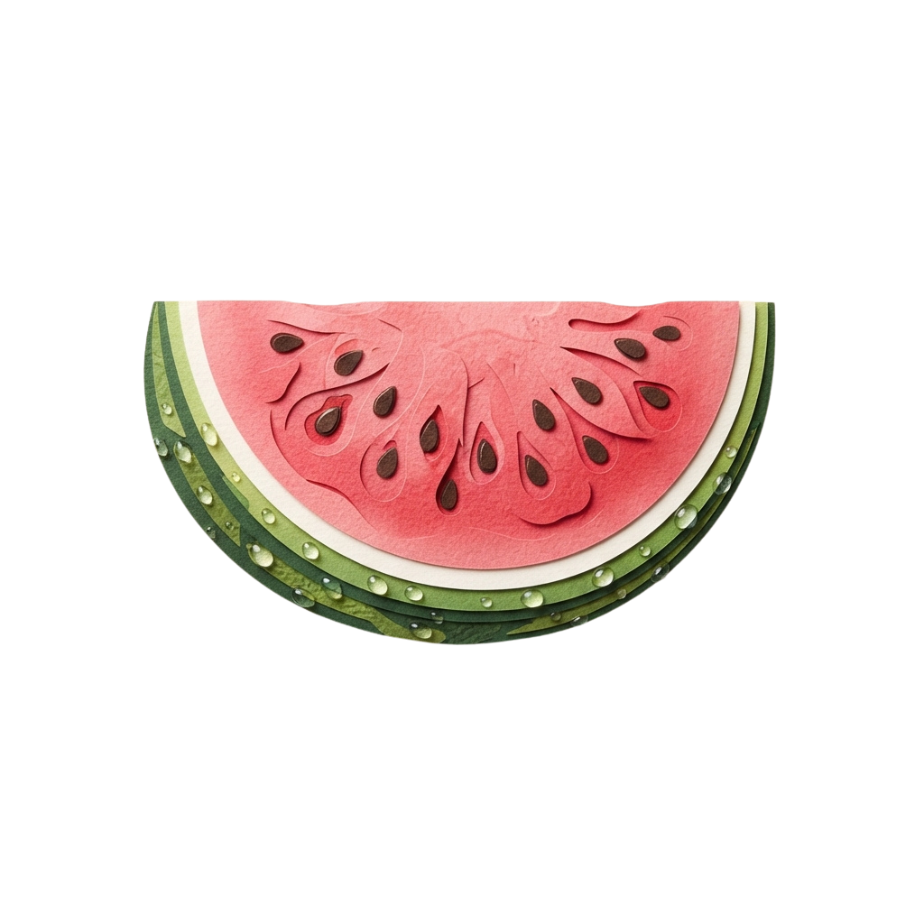 A close-up image of a decorative watermelon slice jewelry piece with green rind and red flesh details.