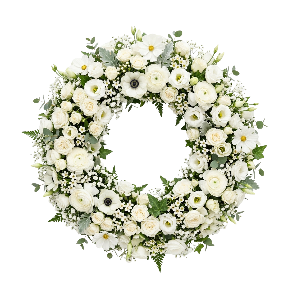 A circular wreath made of white roses, daisies, and greenery against a black background
