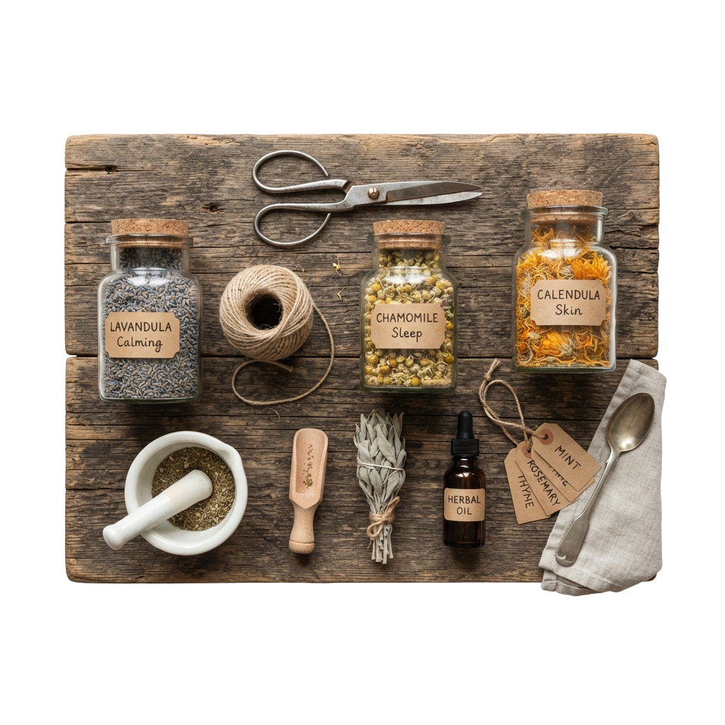 Wooden board with jars of lavender, chamomile, calendula, herbal oil, twine, mortar, and small tools for herbal remedies