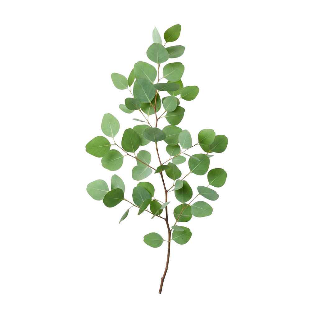 A branch with small, round, green leaves against a black background