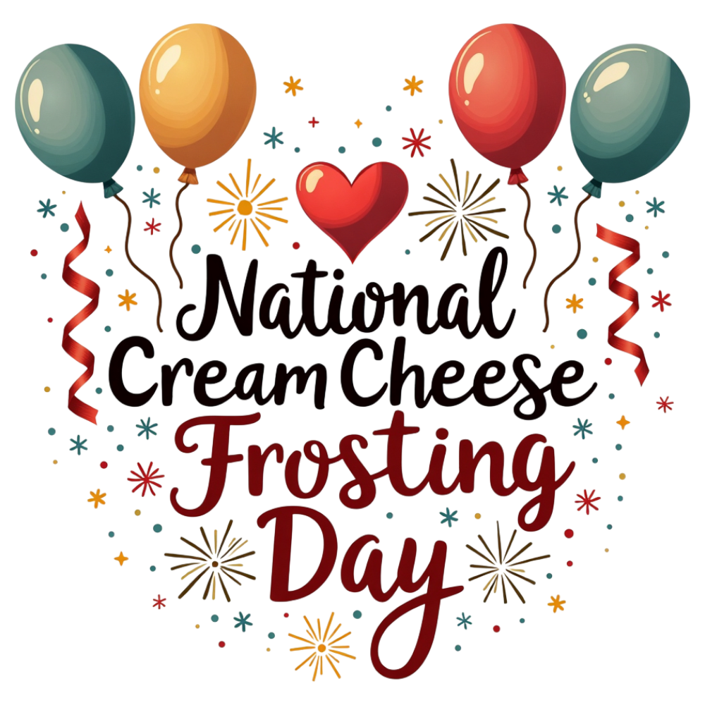 National Cream Cheese Frosting Day Graphic: Festive Celebration with Balloons, Heart, and Confetti - National Cream Cheese Frosting Day 17