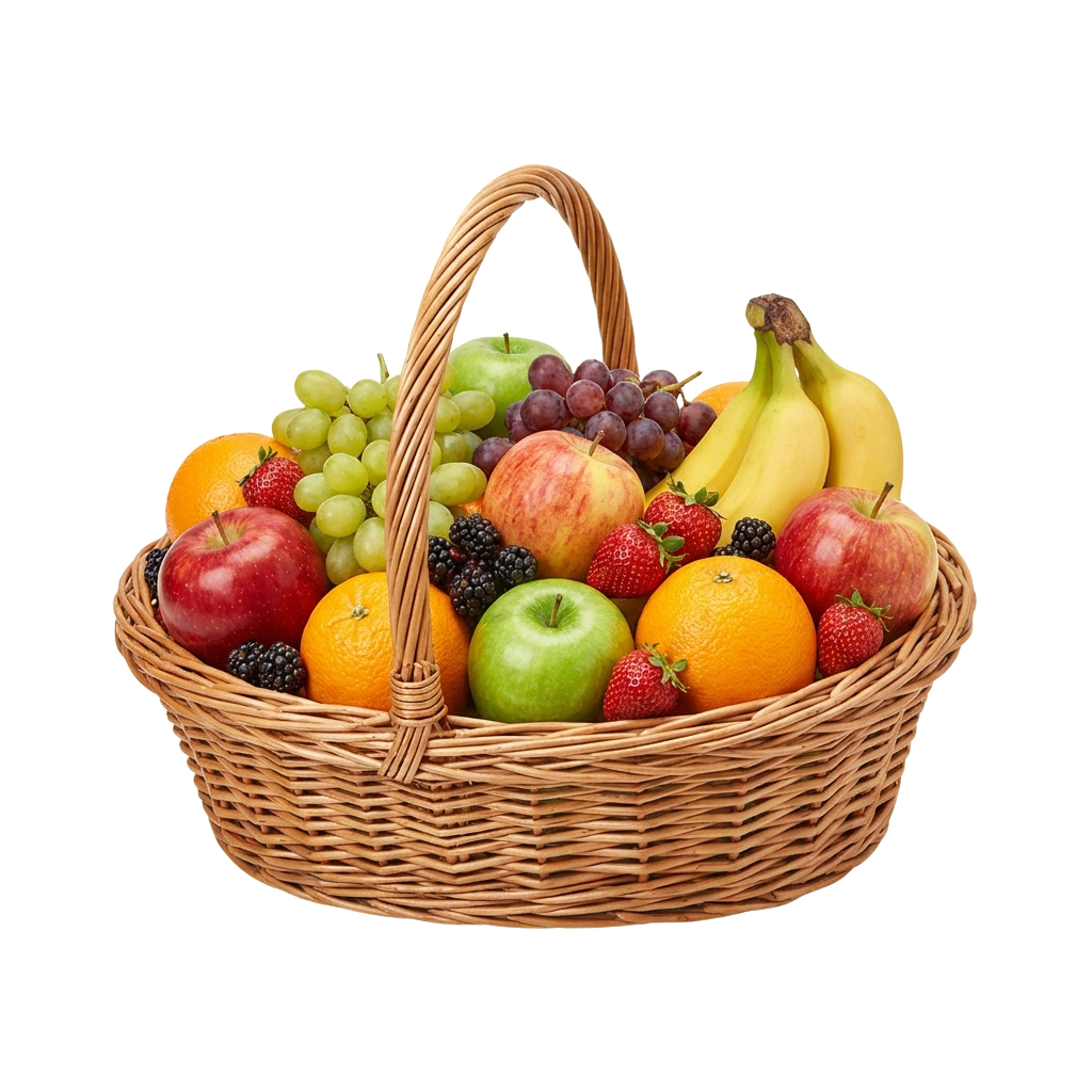 A wicker basket filled with a variety of fresh fruits including apples, oranges, grapes, bananas, strawberries, and blackberries