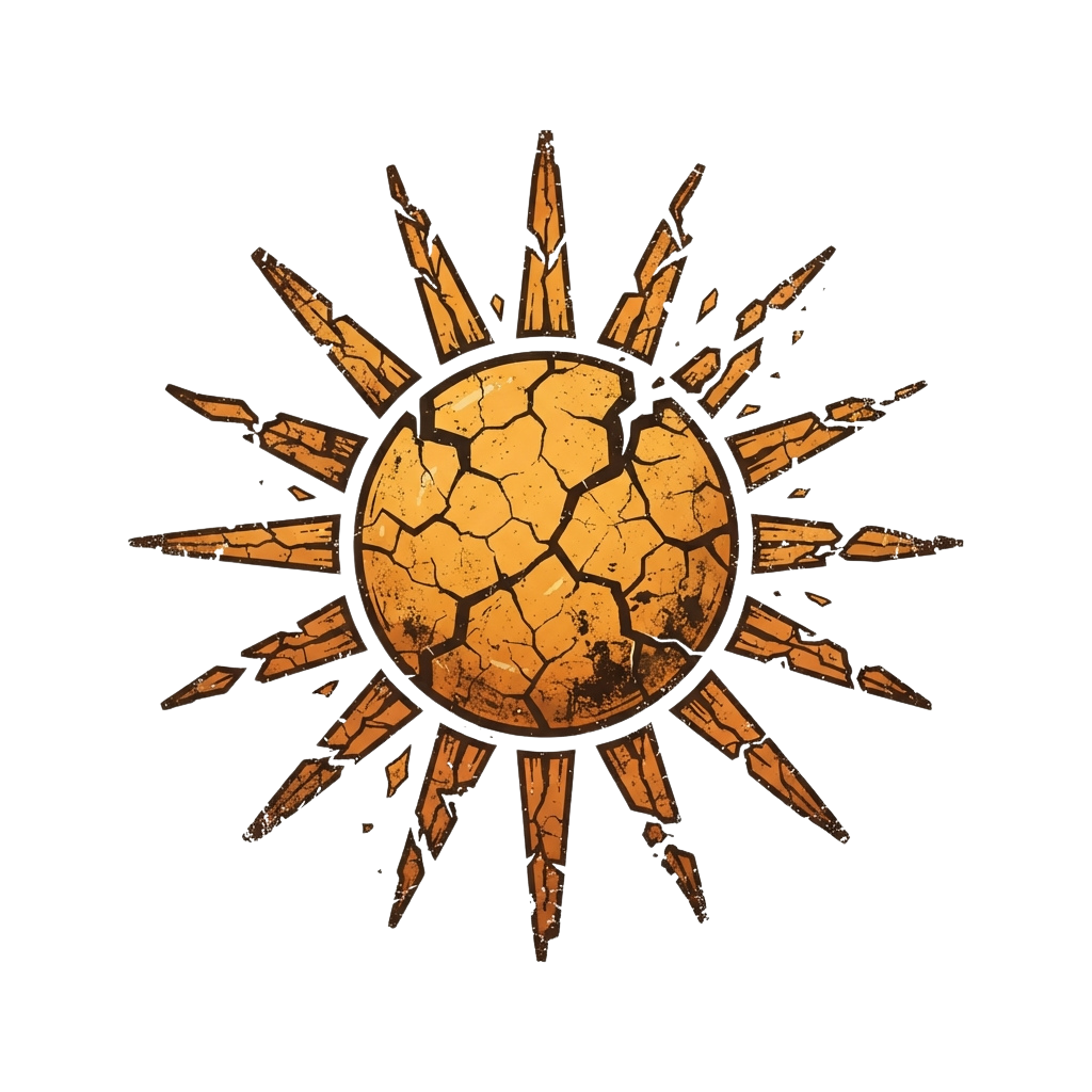 Illustration of a cracked orange sun with jagged, broken rays radiating outward