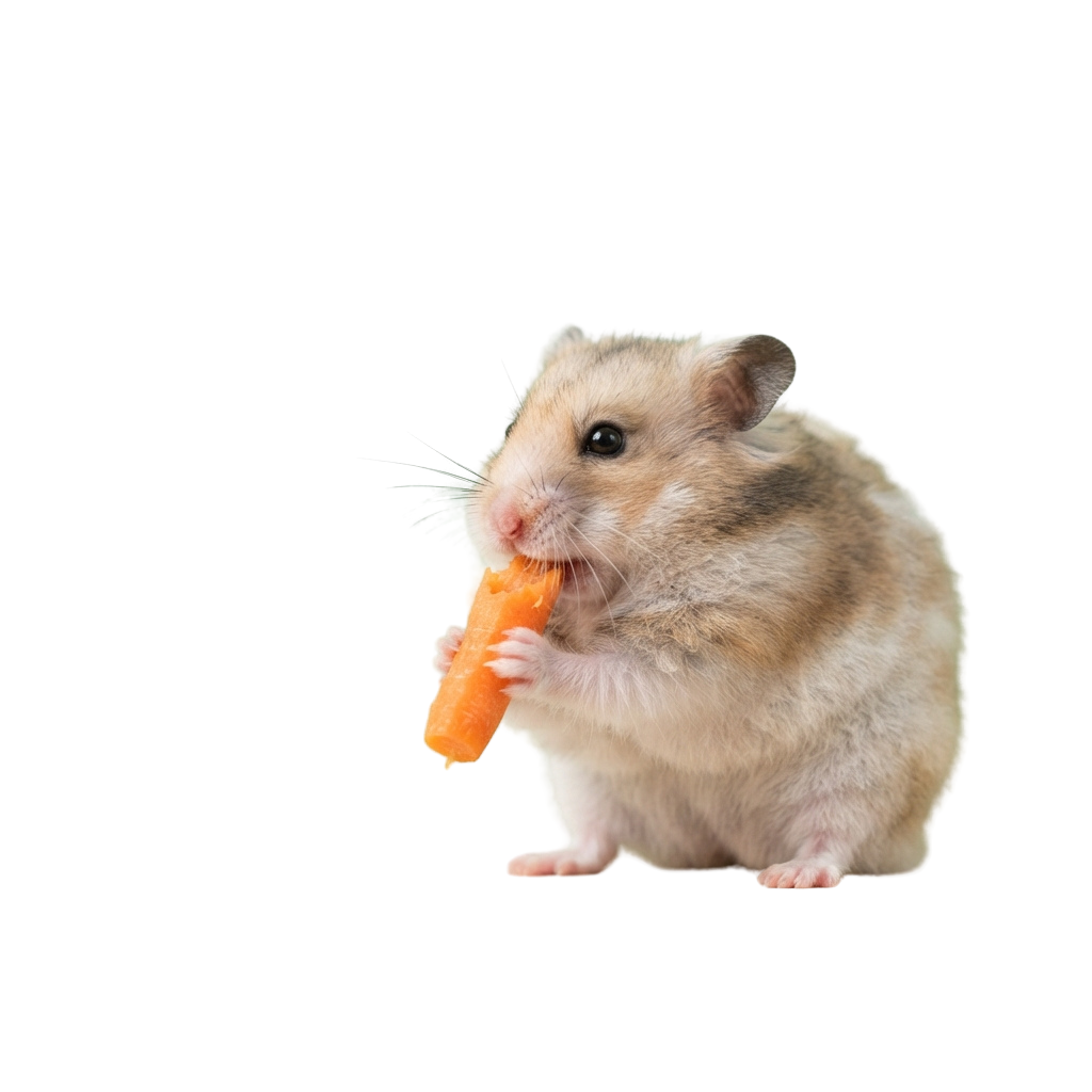 A small hamster holding and eating a piece of carrot