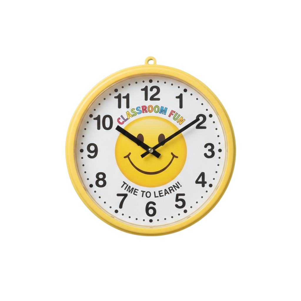 Yellow circular wall clock featuring a smiling face, displaying time with black hands and numbers, and text reading Classroom Fun and Time to Learn