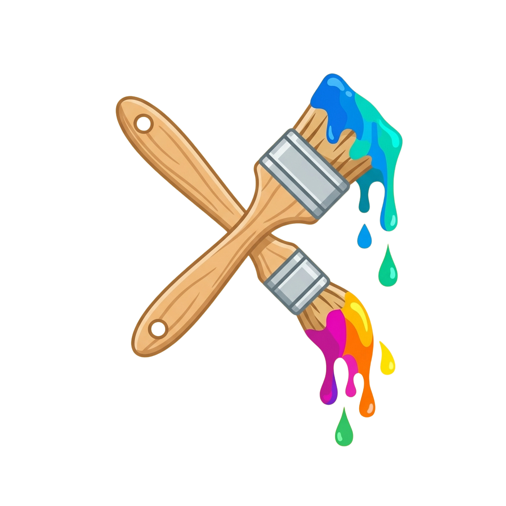 Two paintbrushes crossed with blue, pink, orange, and green paint dripping from the bristles