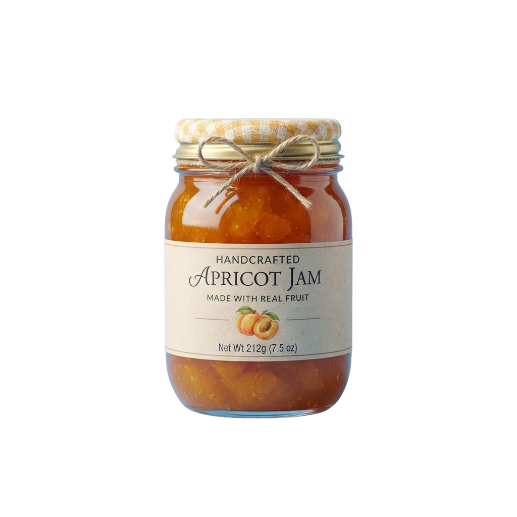A glass jar of apricot jam with a checkered cloth lid and twine bow, showing real fruit pieces inside.