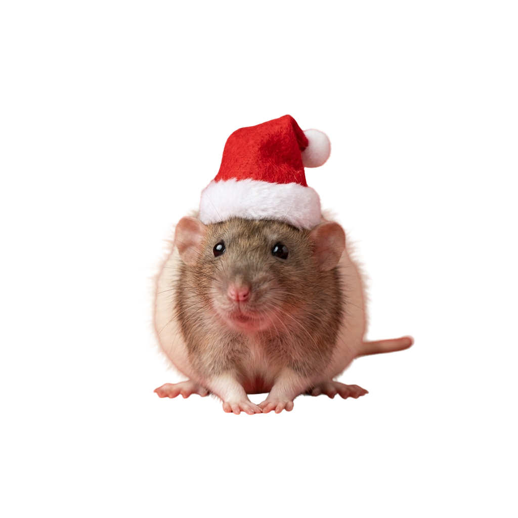 A smiling rat dressed in a festive red Santa hat against a black background