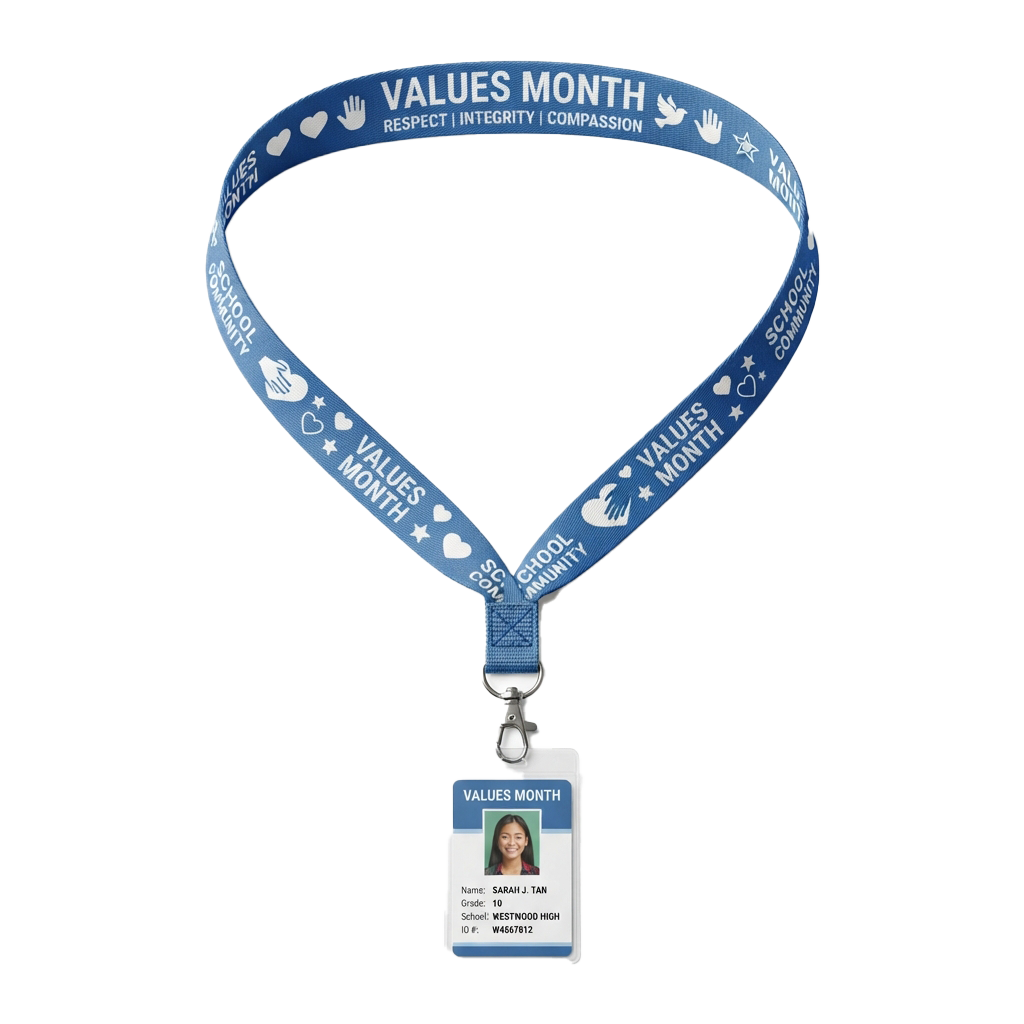Blue lanyard with Values Month text and icons, featuring a white student ID card attached