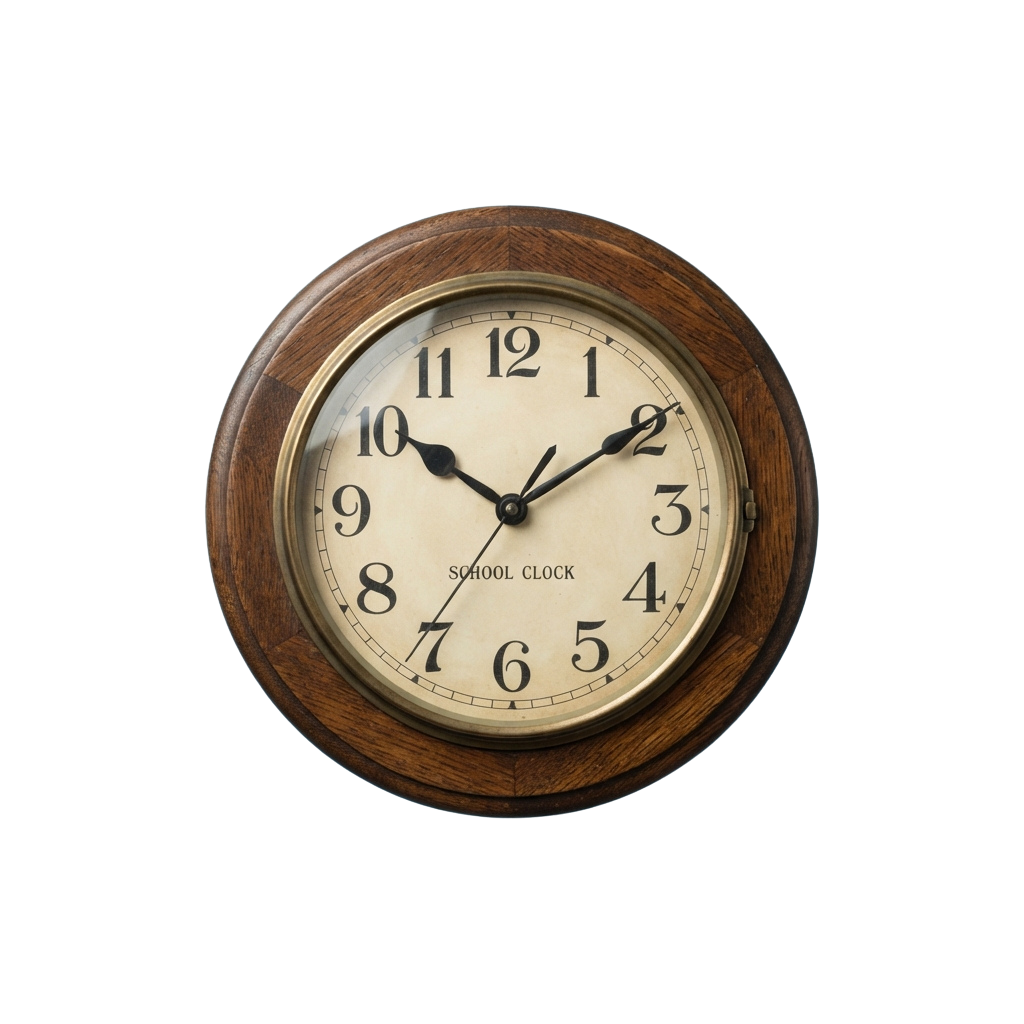 A round wooden-framed analog clock labeled School Clock showing the time around 10:09.