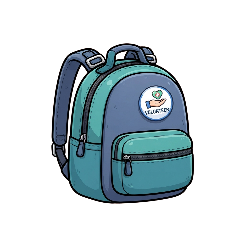 A cartoon backpack with a volunteer badge showing a hand holding a heart and medical cross