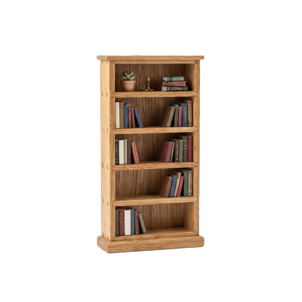 A light wooden bookshelf with five open shelves displaying books and a small potted plant on the top shelf