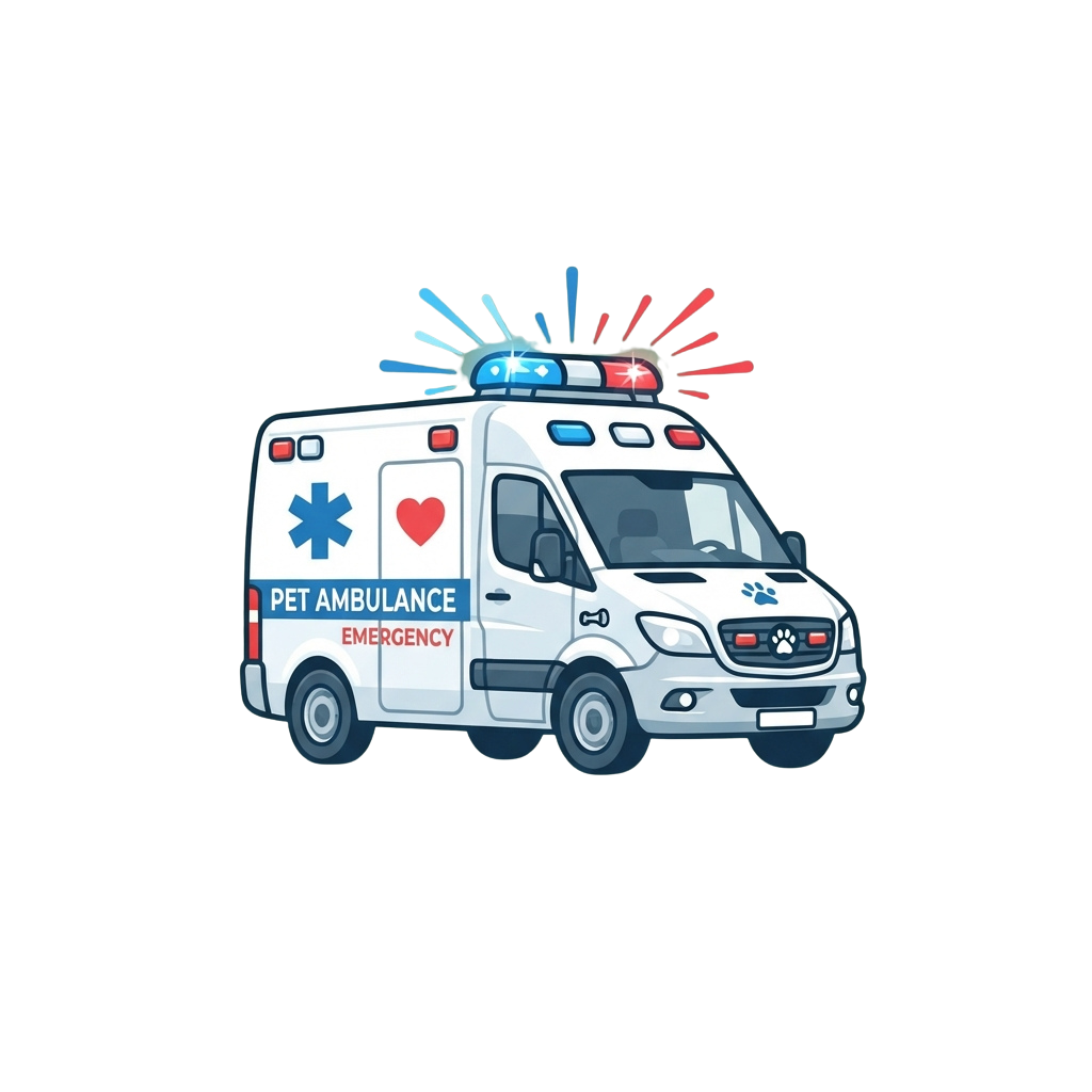 Illustration of a pet ambulance vehicle with flashing lights and a heart symbol, labeled Pet Ambulance Emergency