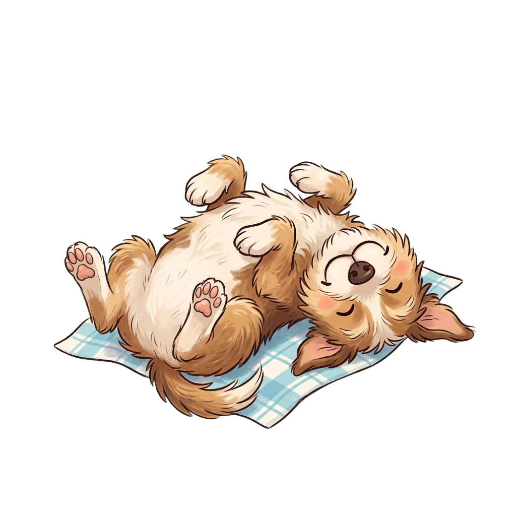 A fluffy puppy lying on its back, sleeping peacefully on a checkered blanket.