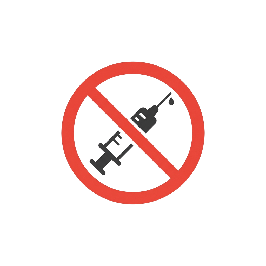 Red prohibition symbol with a syringe crossed out against a black background