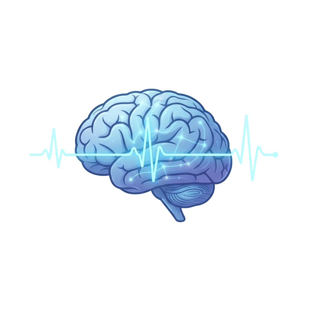 Illustration of a human brain with heartbeat ECG lines intersecting it