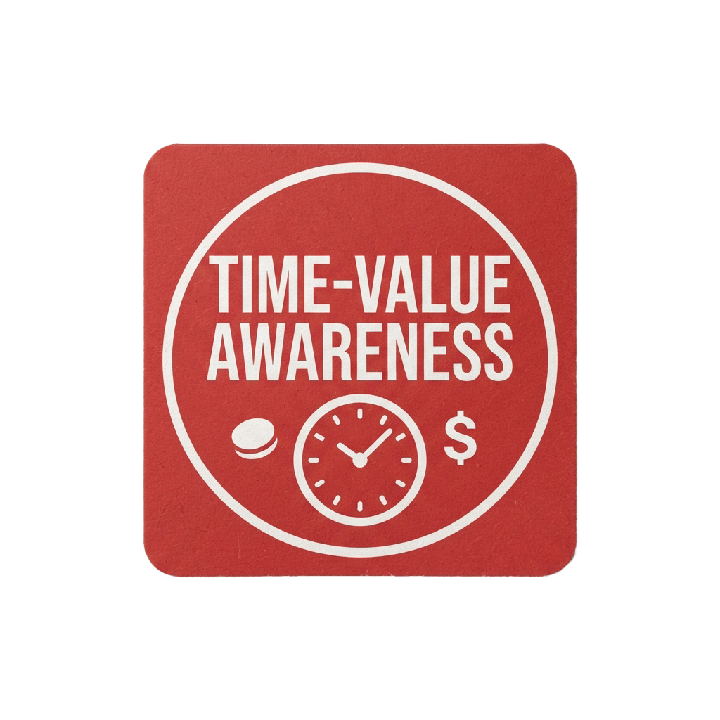 Red square icon showing time-value awareness with clock, moon, and dollar symbols