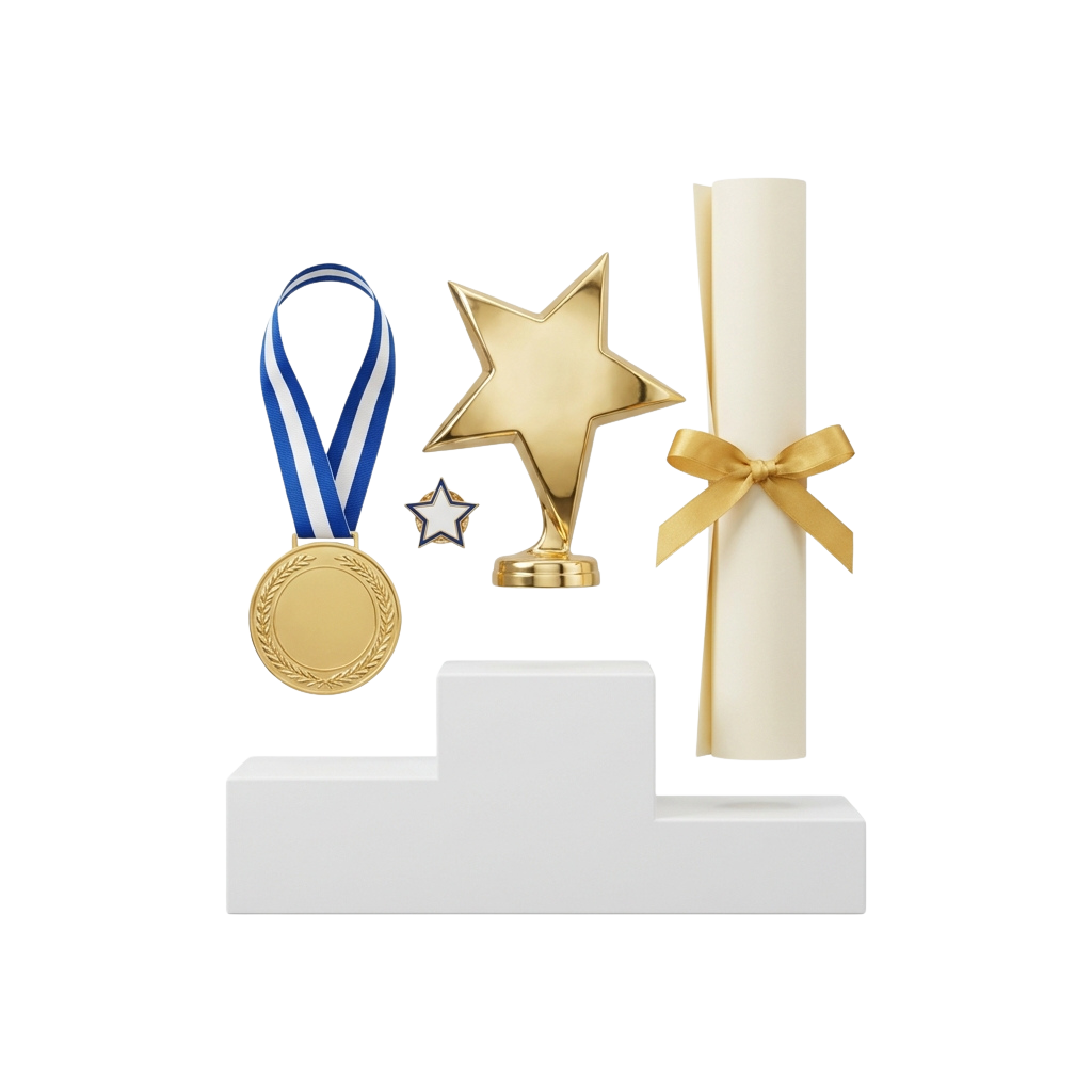 Award medal, star trophy, small star pin, and rolled diploma with ribbon on a three-tiered white pedestal.