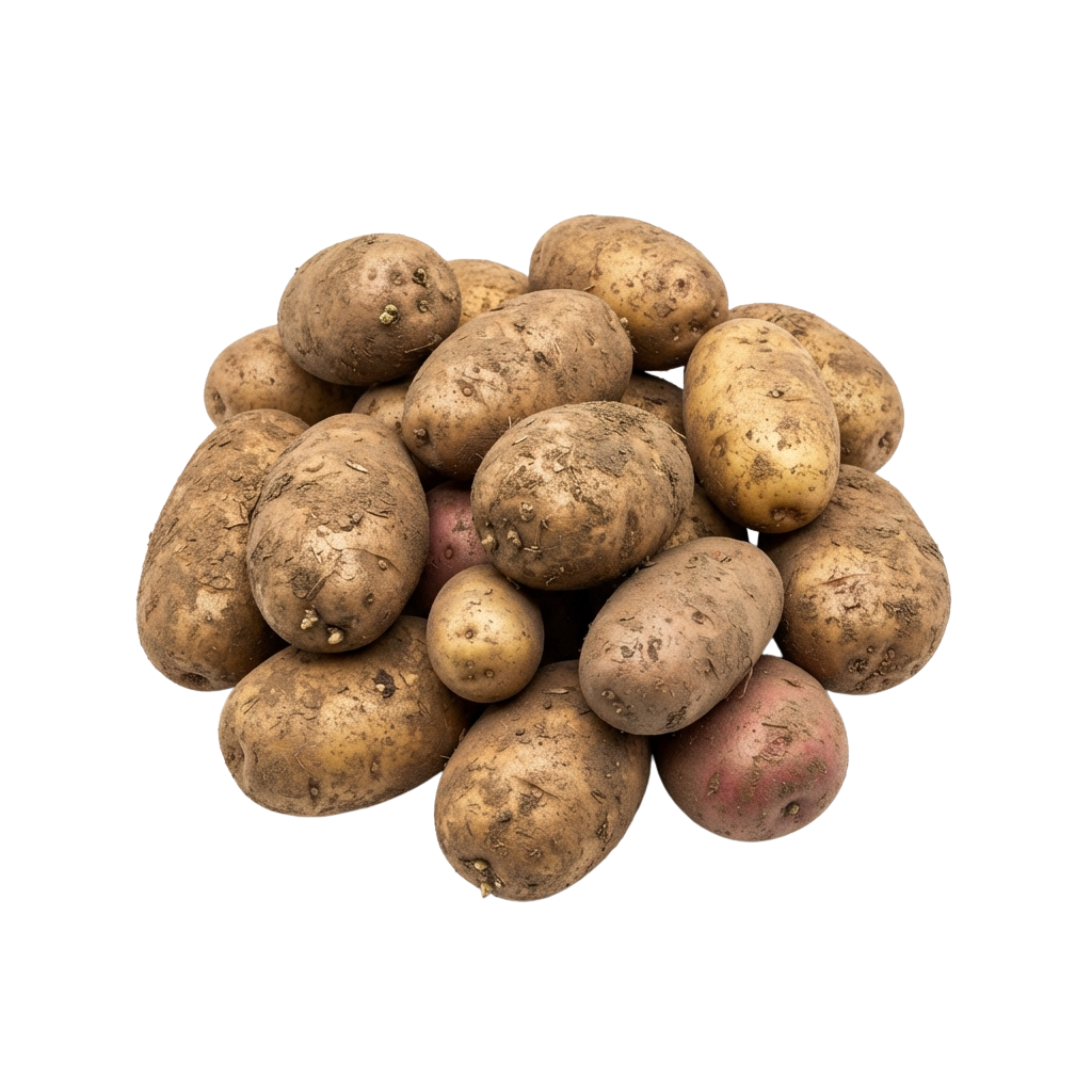 A cluster of medium-sized brown potatoes with earthy skin.