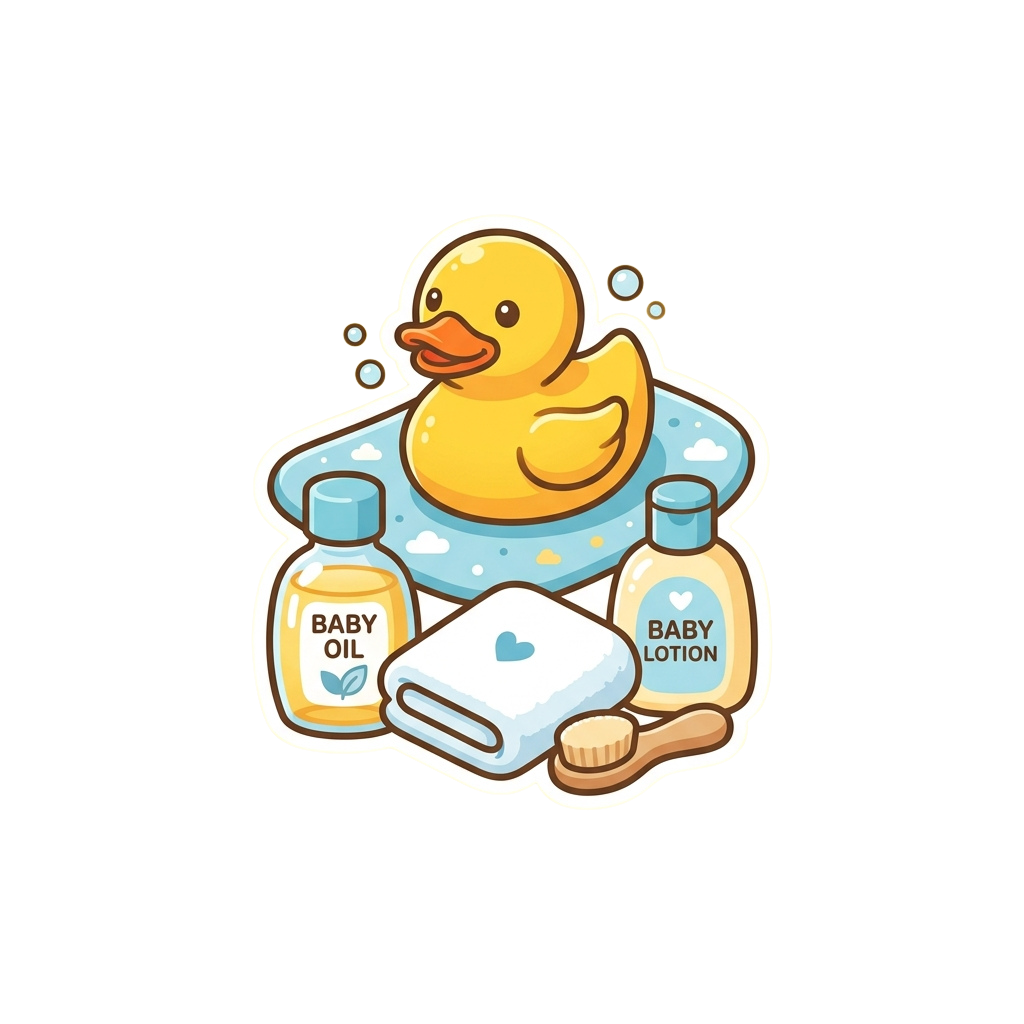 A cheerful yellow duck in a bubble bath surrounded by baby oil, lotion, washcloth, and toothbrush