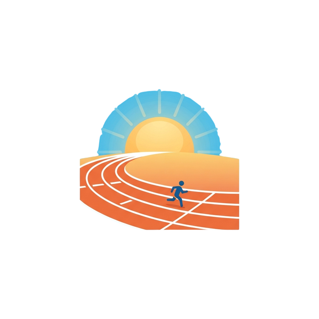 A person running on a curved track under a sunrise with rays shining brightly