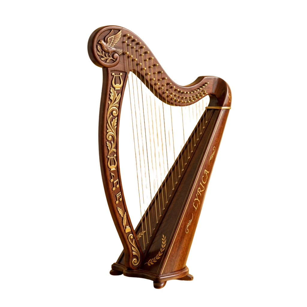 An ornate wooden harp with gold strings and intricate carvings on a dark background