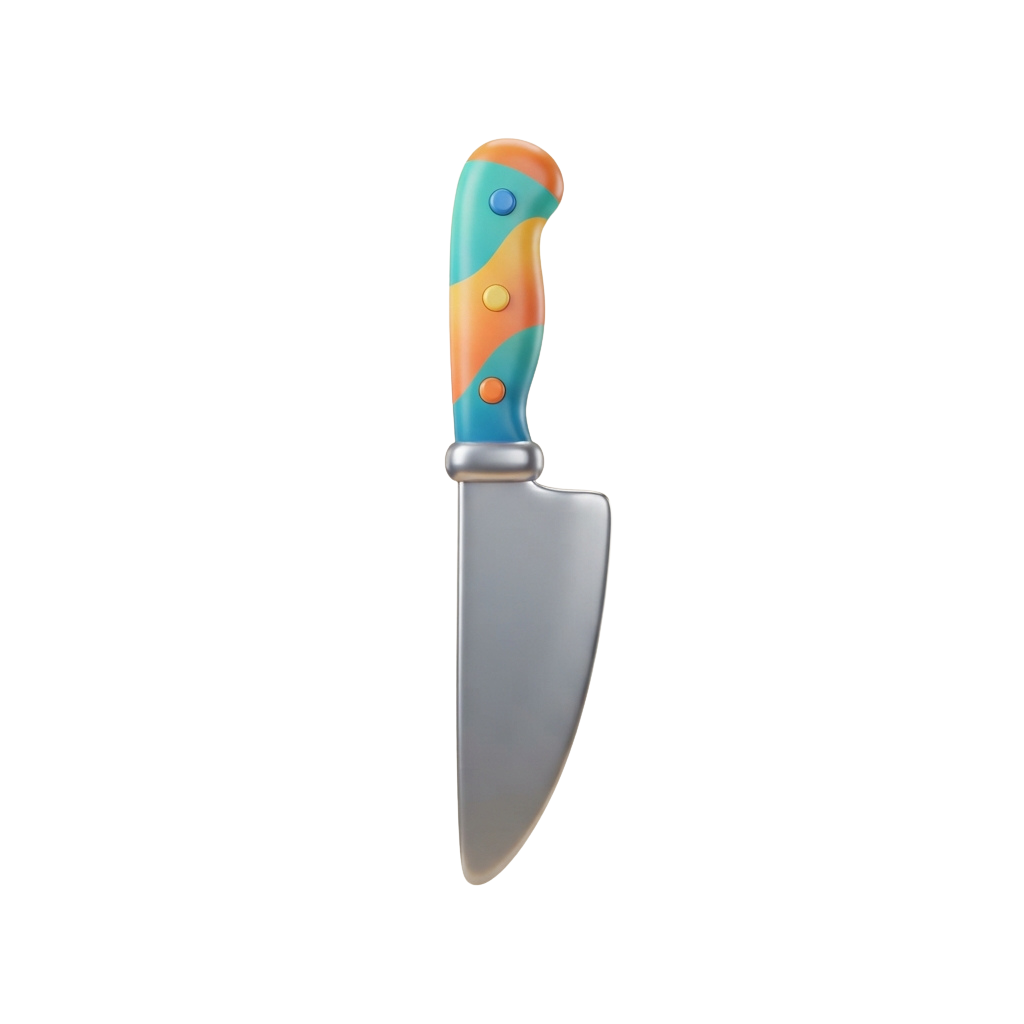 A chef knife with a sleek metal blade and a colorful, ergonomic handle featuring blue, orange, and white patterns