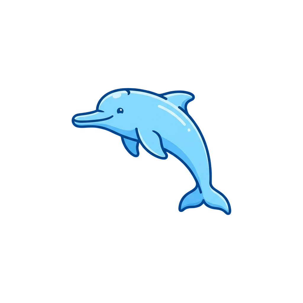 A cheerful blue cartoon dolphin leaping out of the water