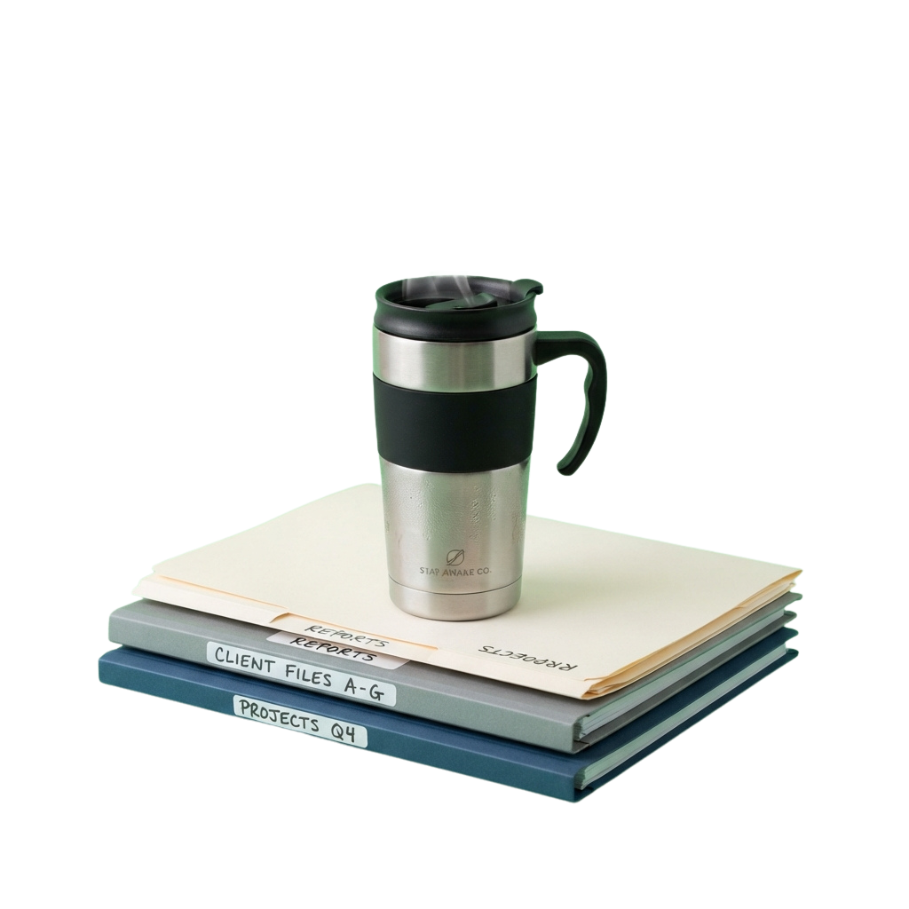 A stainless steel travel mug with a black lid and handle placed on top of a stack of labeled folders.