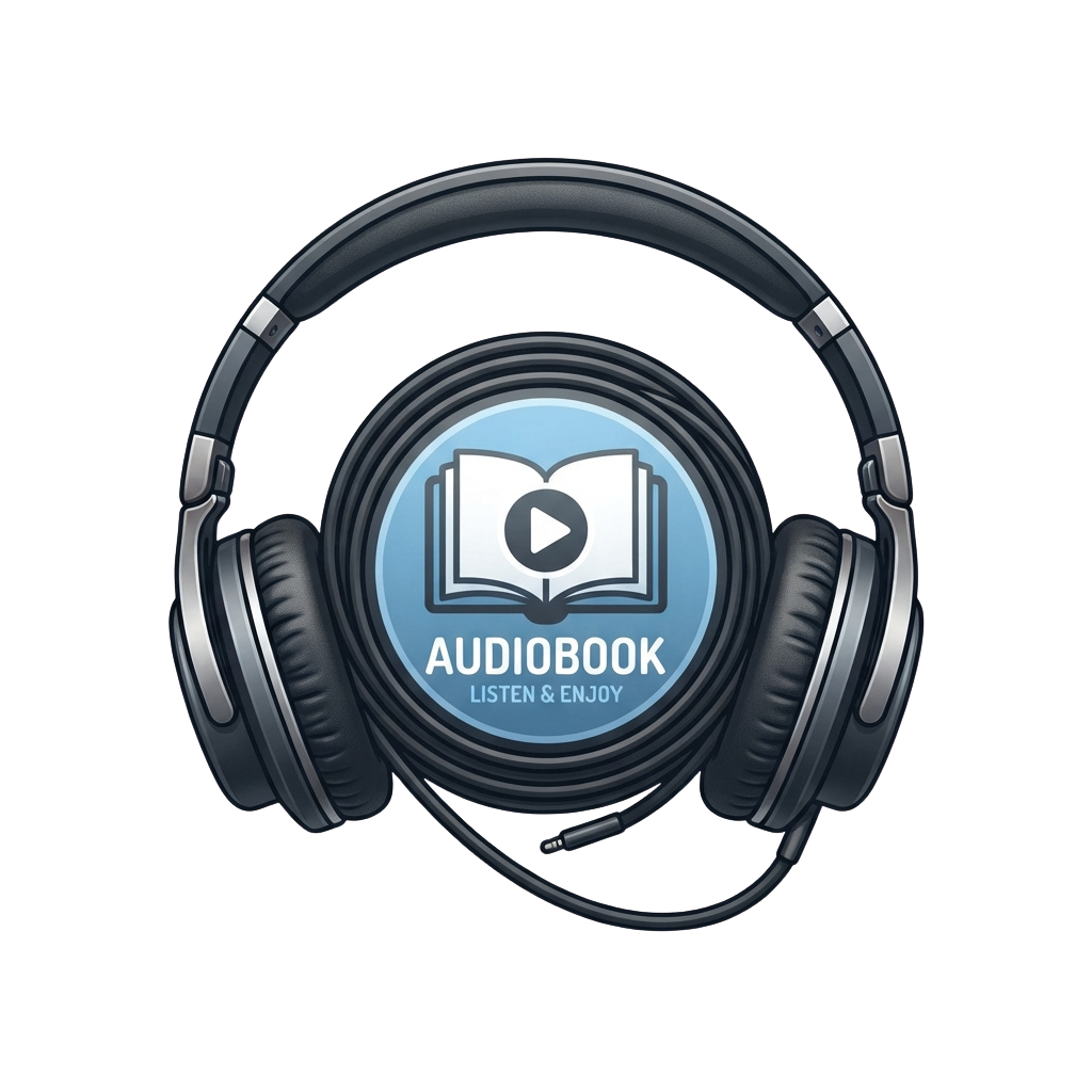 Headphones with an audiobook logo featuring an open book and play button, text reads Audiobook Listen Enjoy