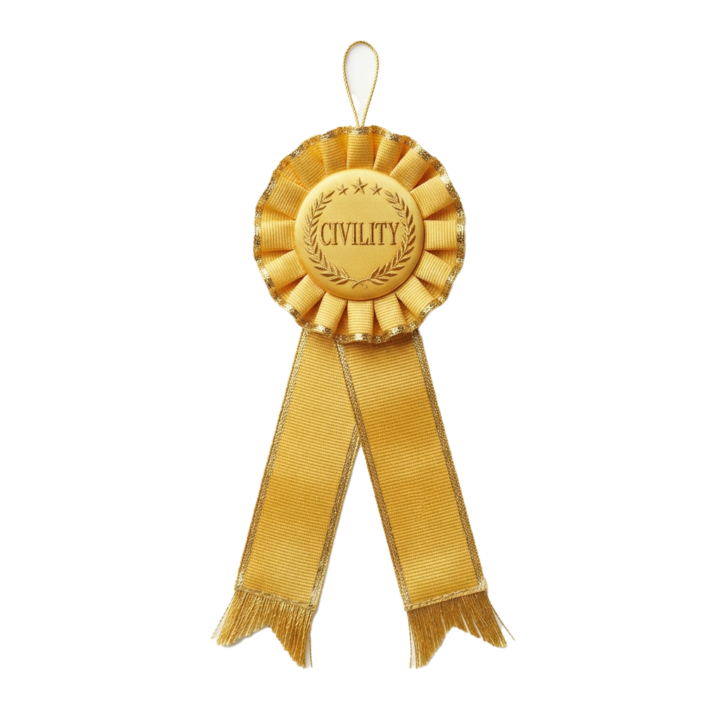 Golden ribbon award badge with the word civility on a circular centerpiece