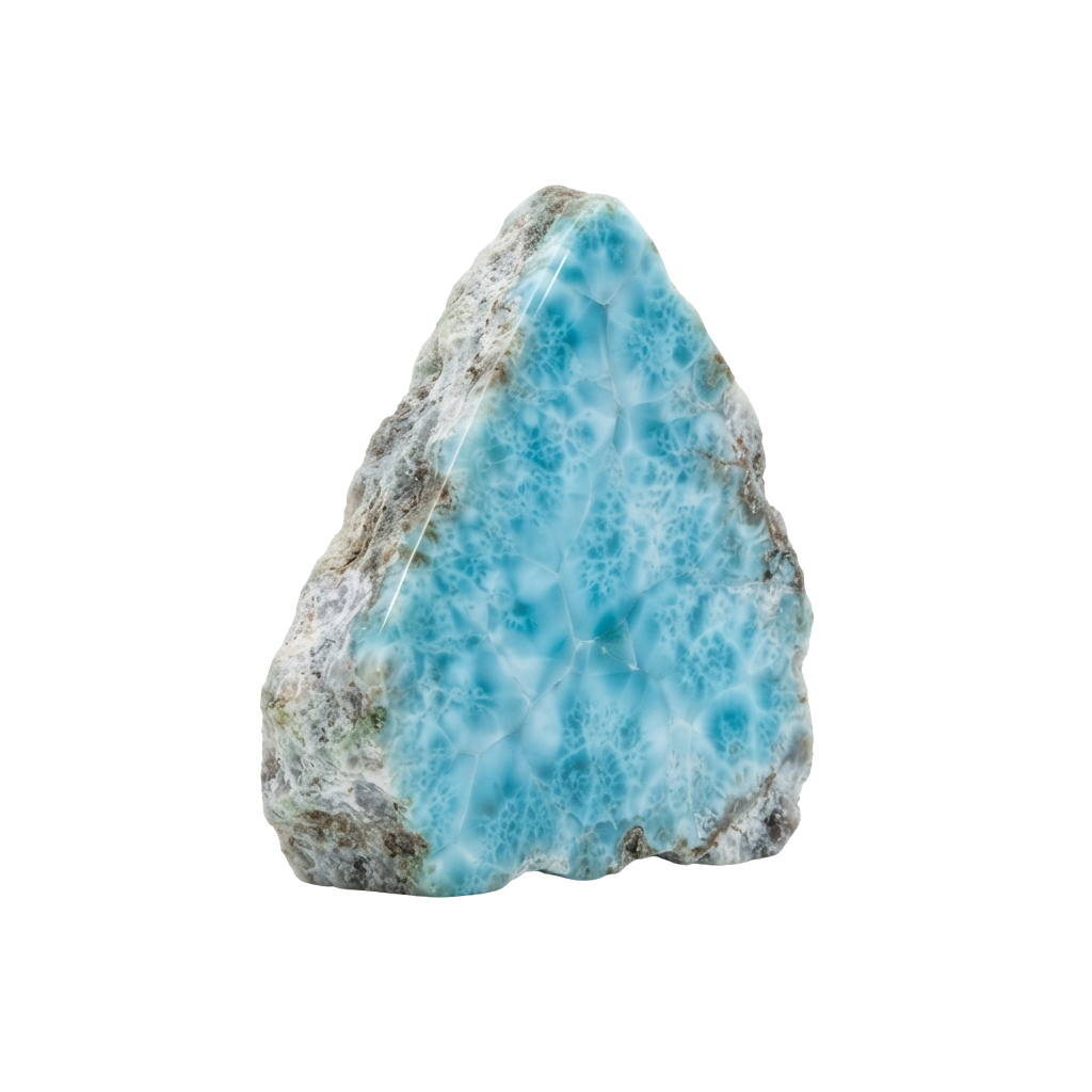 A rough piece of blue larimar stone with natural patterns and white veining