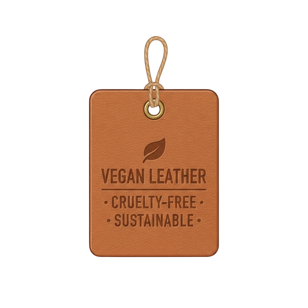 Brown vegan leather tag with text reading Vegan Leather, Cruelty-Free, Sustainable and a leaf logo