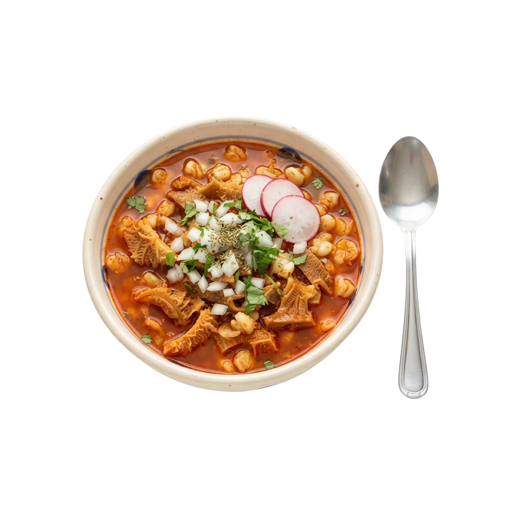 A white bowl filled with hearty chickpea and mushroom soup topped with onions, cilantro, and radishes, alongside a spoon.