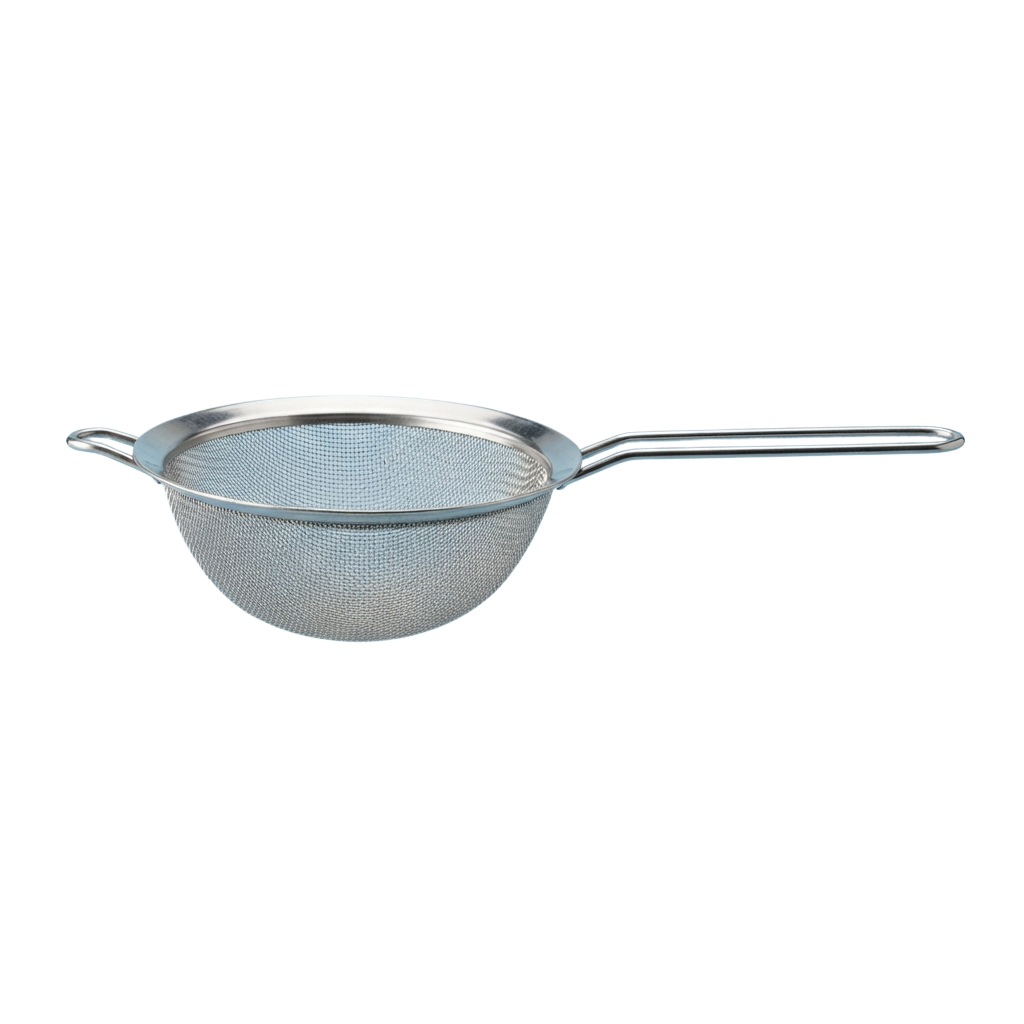A stainless steel kitchen strainer with a fine mesh and a long handle for draining liquids.