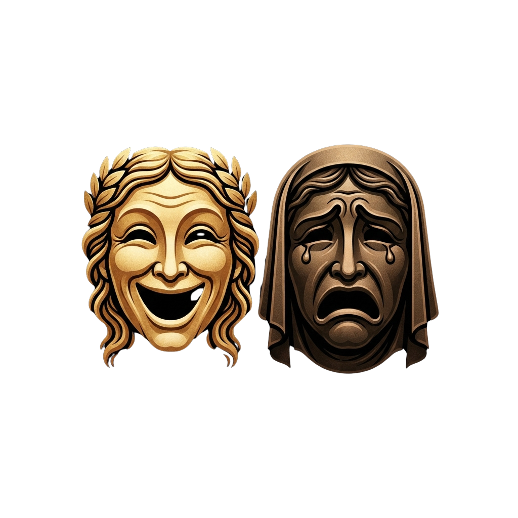 Two classical masks side by side: a smiling comedy mask on the left and a crying tragedy mask on the right.