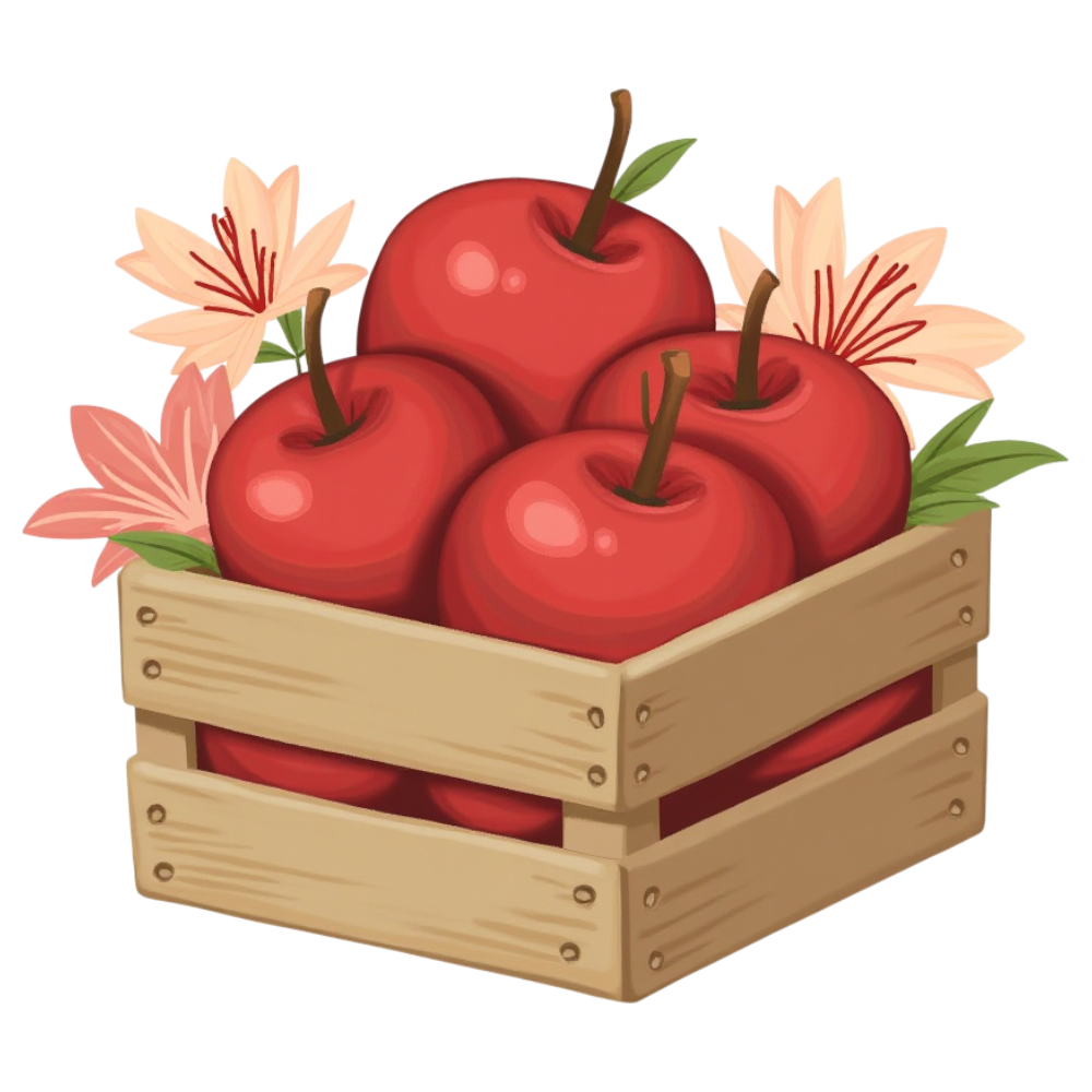 Red Apples in Wooden Crate with Decorative Flowers and Leaves Illustration - Eat A Red Apple Day 1