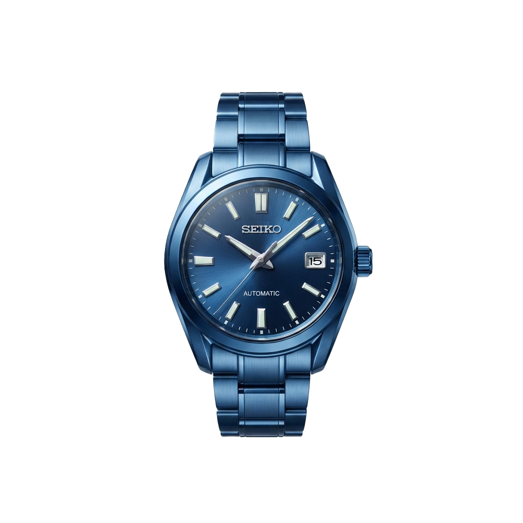 Blue automatic wristwatch with metallic bracelet and luminous hour markers