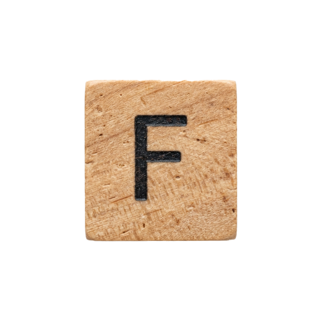 A close-up image of a wooden block with the letter F carved into it