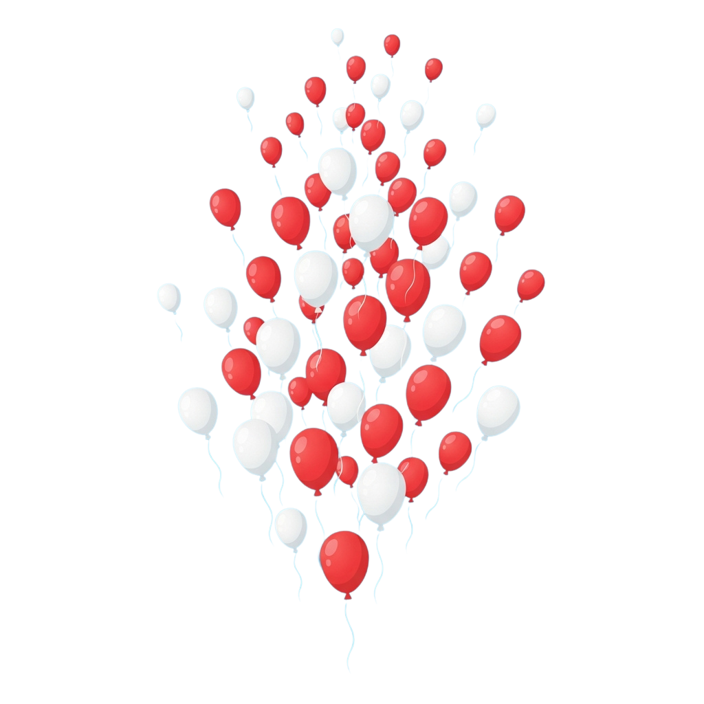 A group of red and white balloons floating upward against a black background
