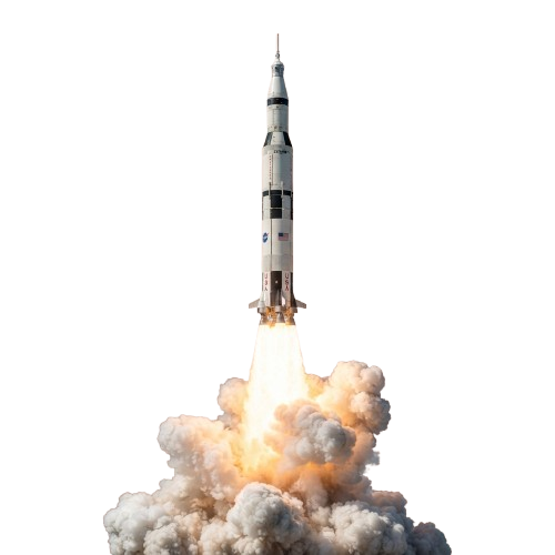 A powerful rocket launching vertically with bright flames and thick smoke at the base against a dark sky