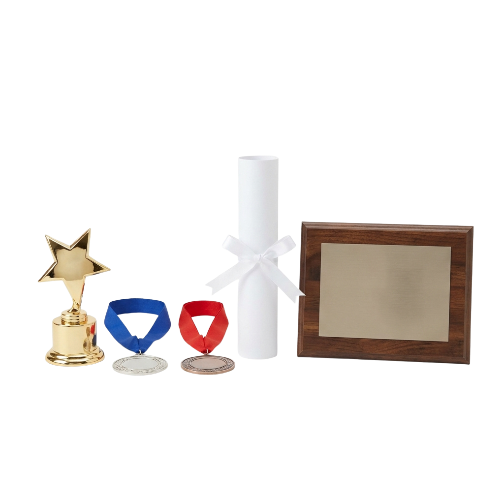 Award items including a star trophy, blue and red ribbons, a rolled diploma with ribbon, and a wooden frame with plaque